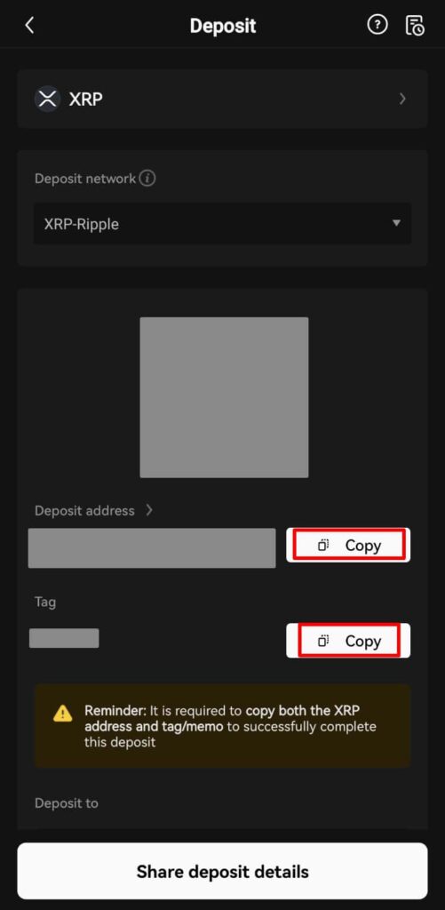 4.XRPの入金アドレスとタグが表示されるので「Copy」をタップしそれぞれをコピーしメモ帳などに控える