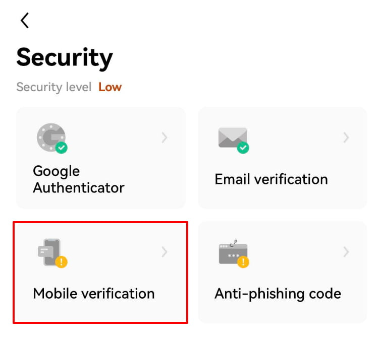 1.OKXのアカウントアイコンをタップし「Security」をタップし「Mobile verification」をタップ