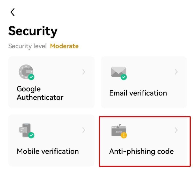 1.OKXのアカウントアイコンをタップし「Security」をタップし「Anti-phishing code」をタップ