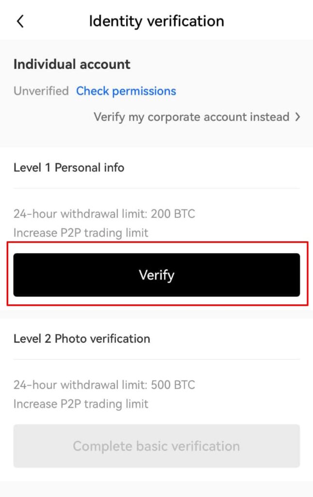 2.「Level 1 Personal info」の「Verify」をタップ